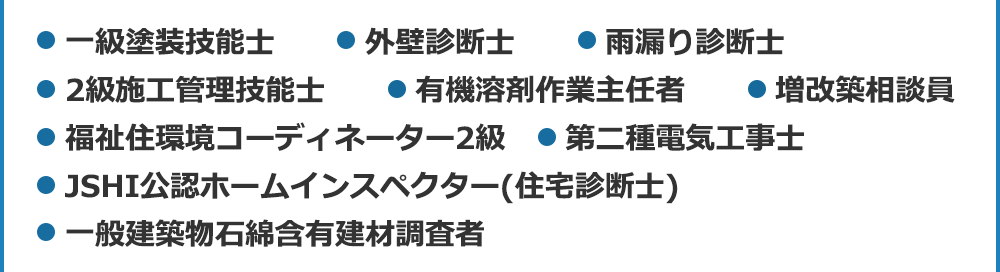 一級塗装技能士・外壁診断士・雨漏り診断士・2級施工管理技能士・有機溶剤作業主任者・増改築相談員・福祉住環境コーディネーター2級・JSHI公認ホームインスペクター(住宅診断士)